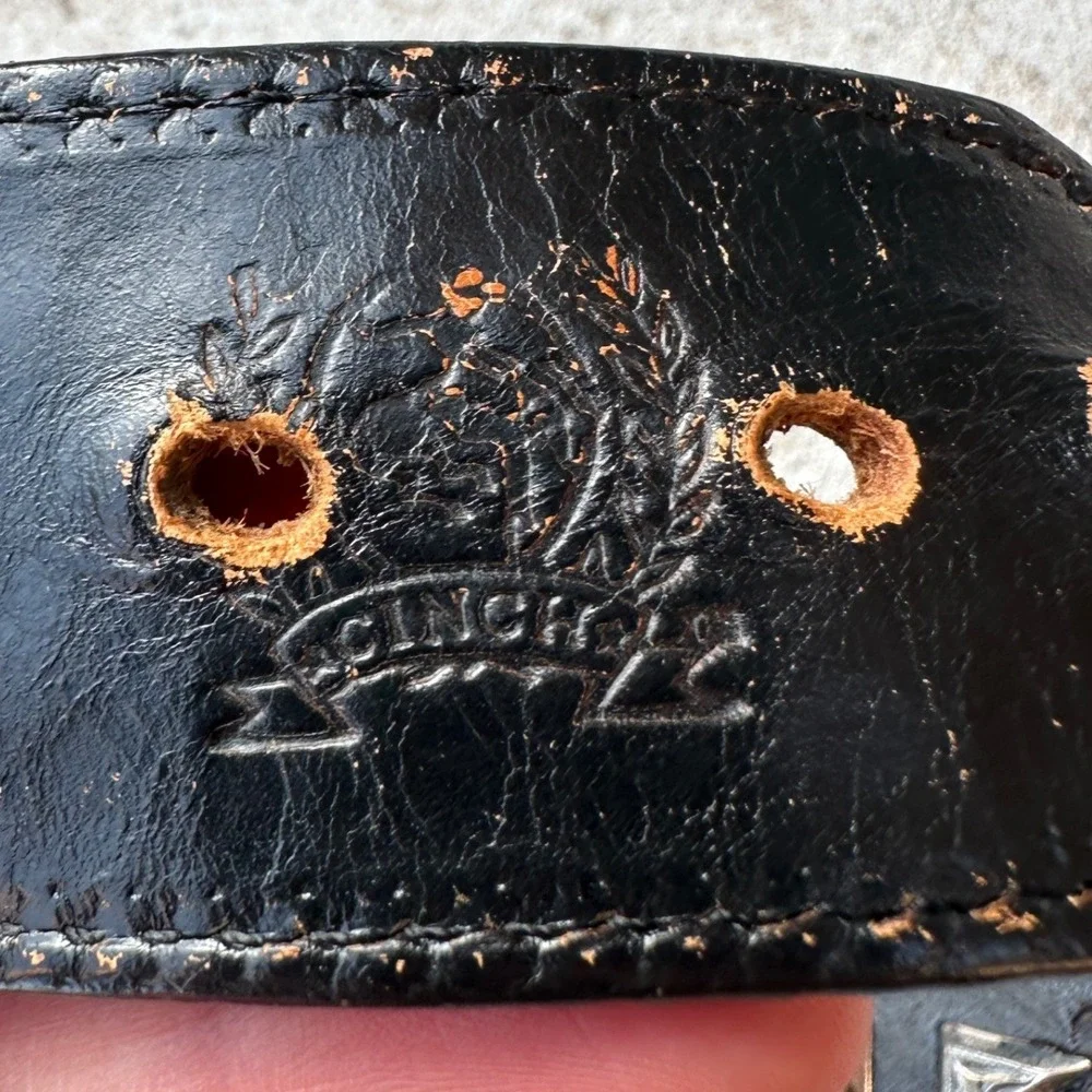 Cinch Mens Black Tooled Leather Western Belt Silver Studded White Whipstitch 42